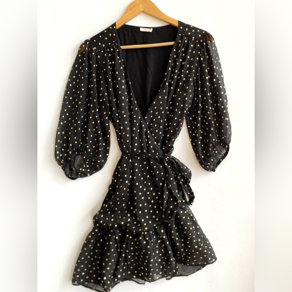 MARONIE Black & Gold Polka Dot Chiffon Wrap Dress-NWT